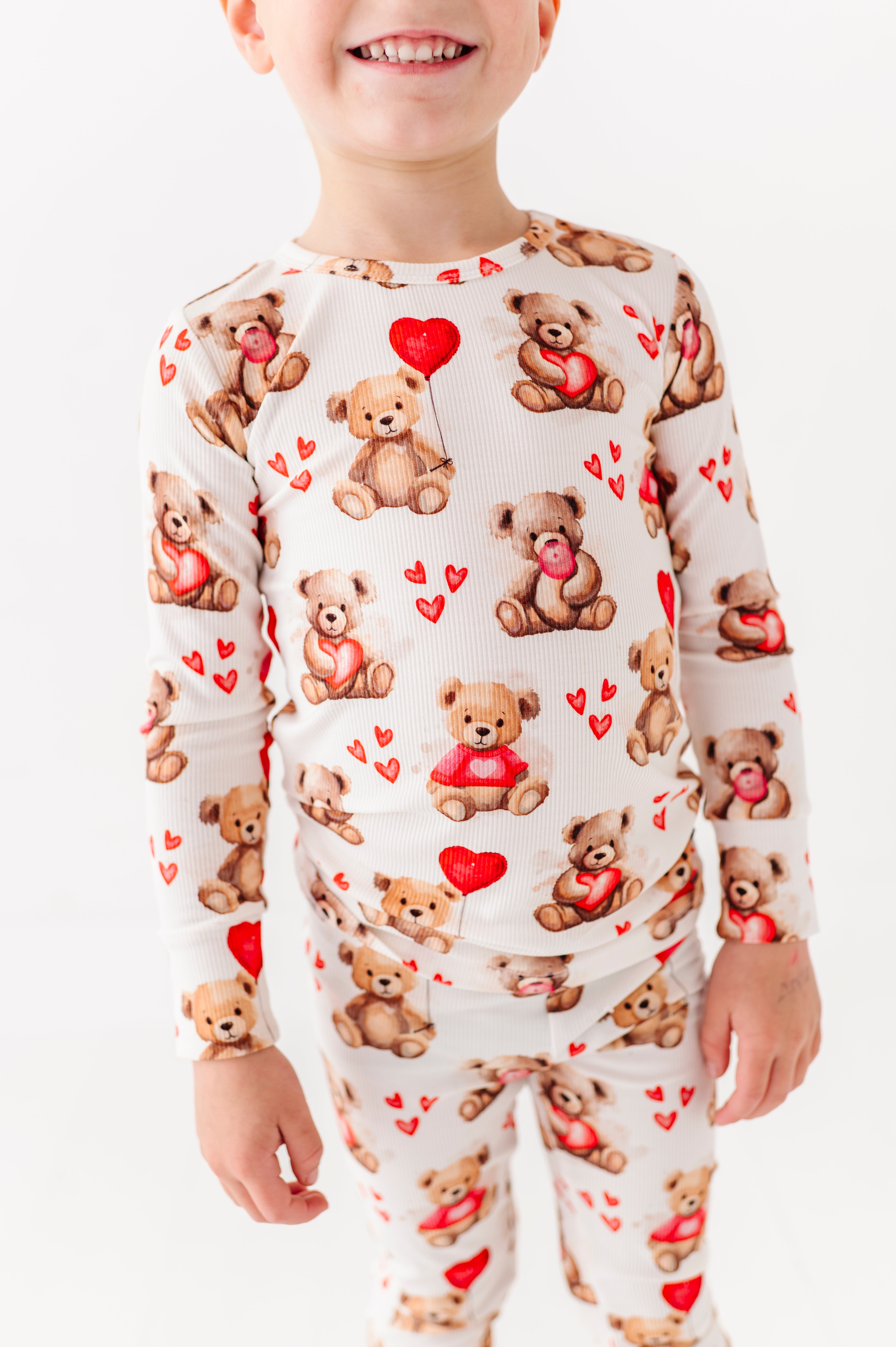 Close-up of Beary Sweet ribbed bamboo pajama top with teddy bear Valentine design